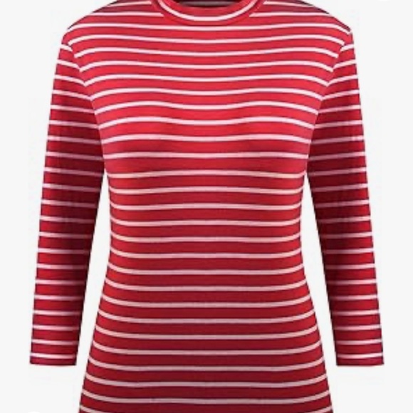 LilyCoco Women's Mock Neck Tops Red White Striped Long Sleeve Shirt, L - Picture 3 of 9